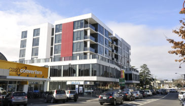 Exterior of a high density residential building along a road